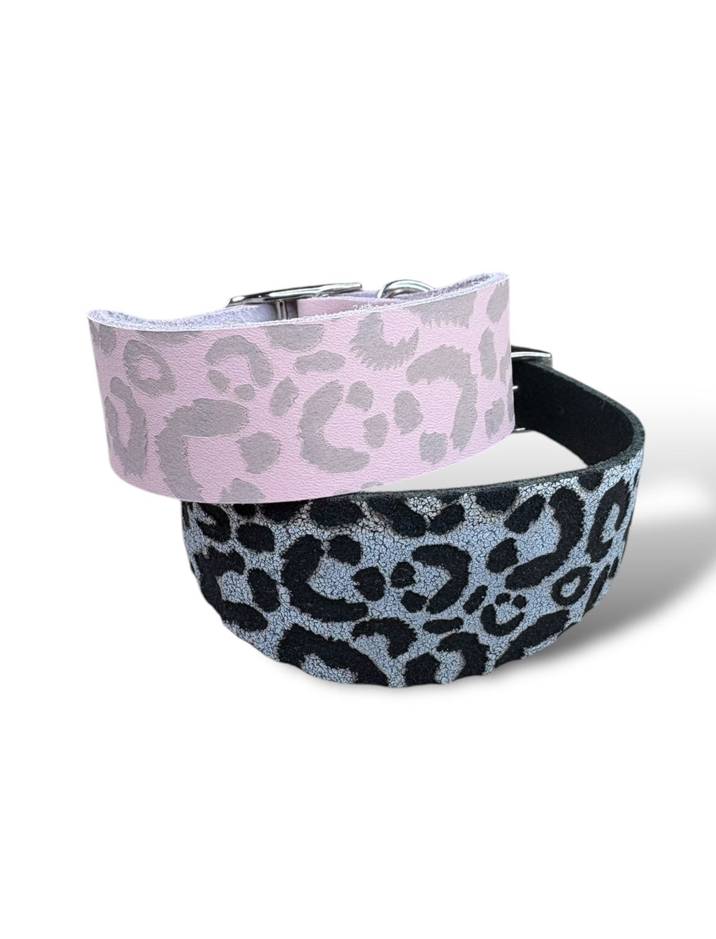 Two leopard print dog collars on a white background