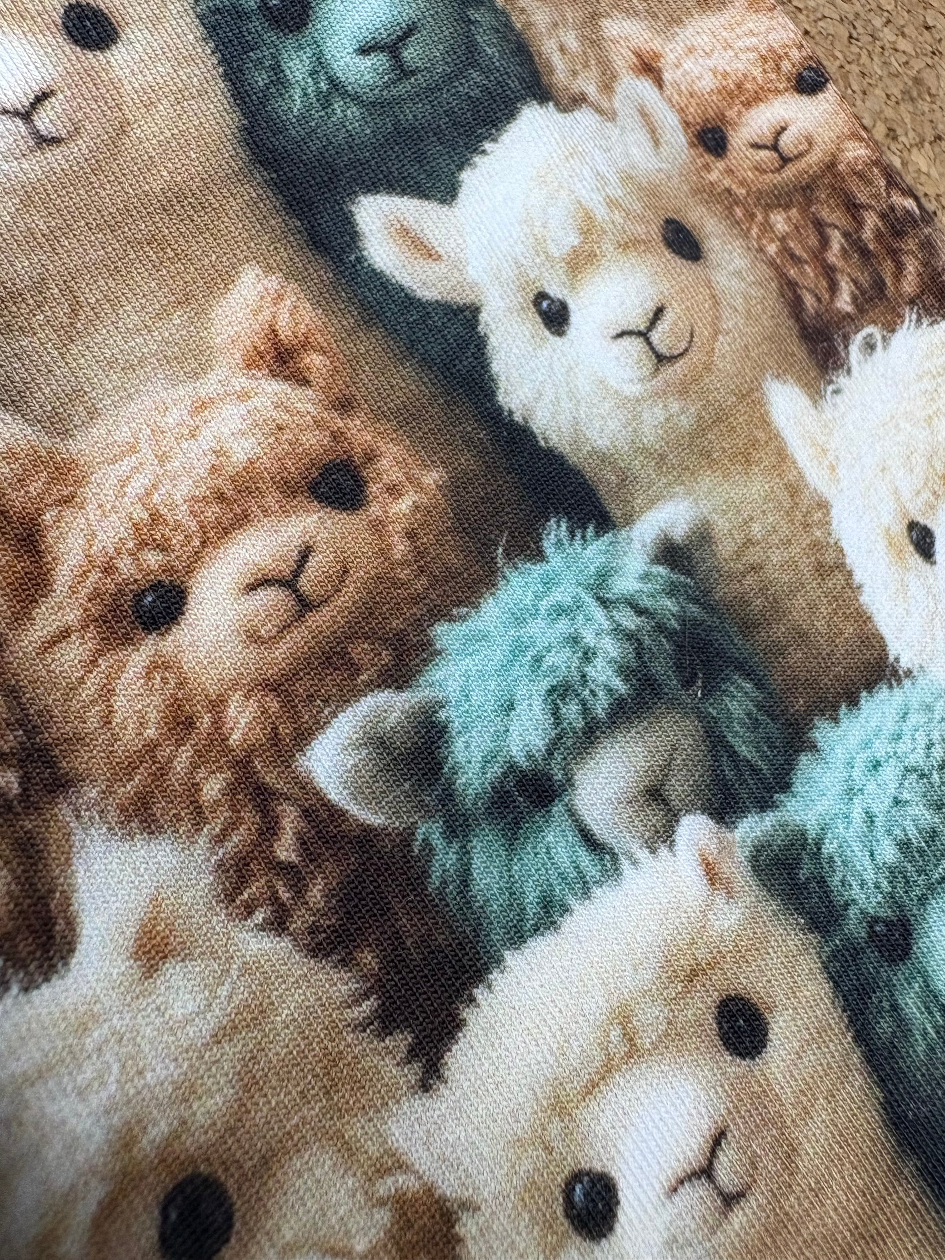 Close-up of plush toy llamas in various colors on a fabric background