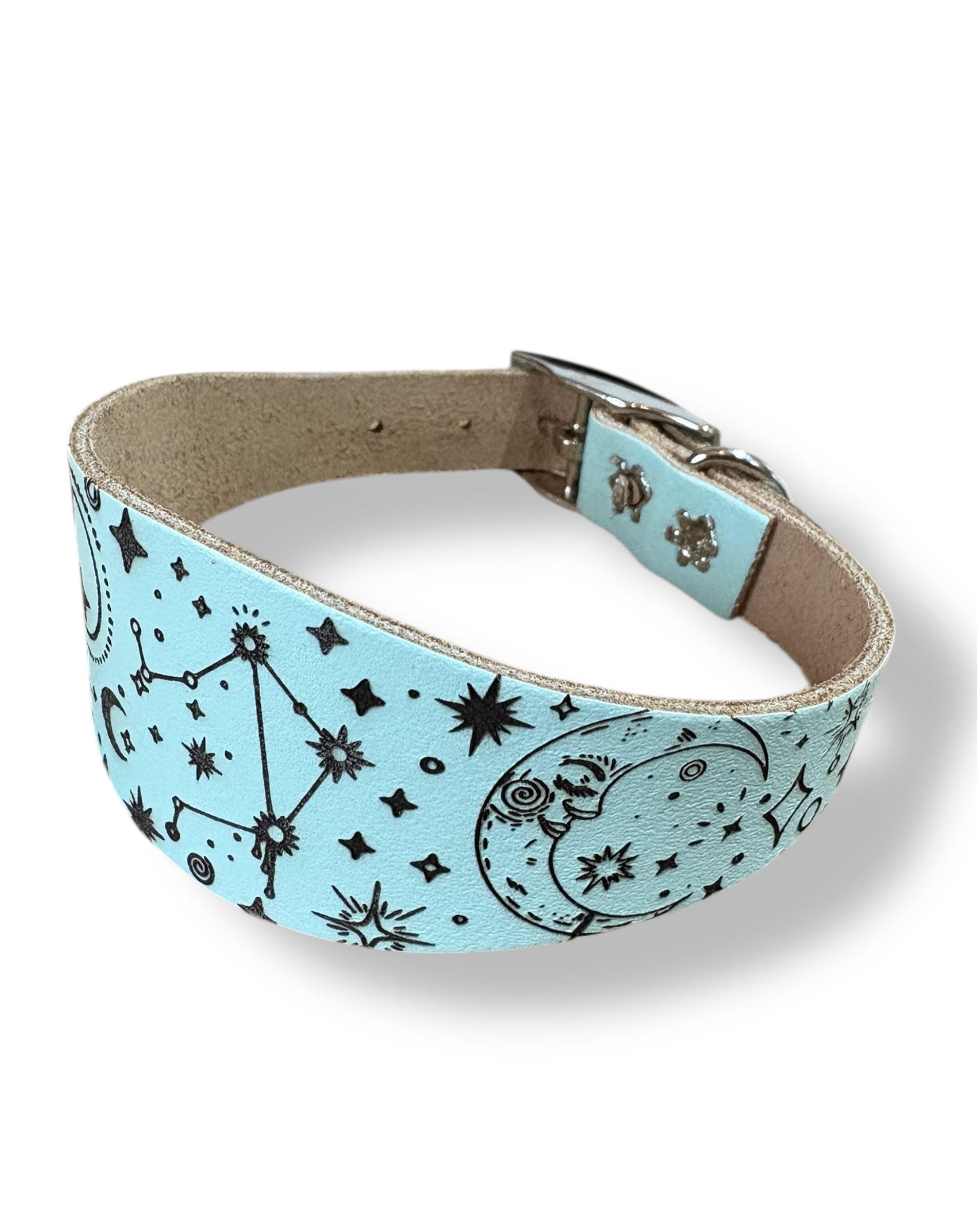 Dog collar with celestial pattern on a light blue background
