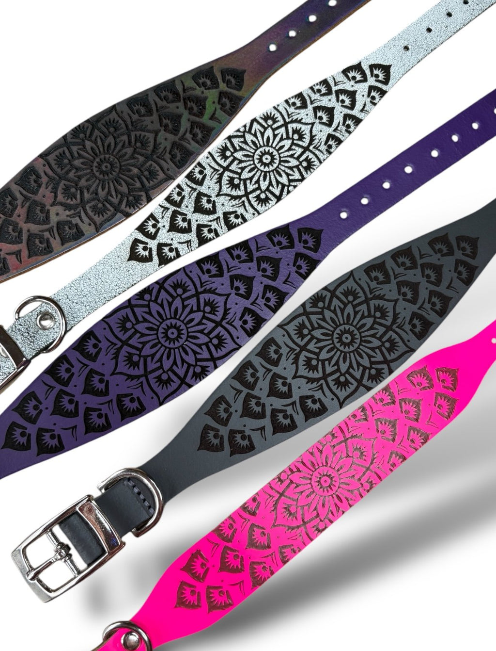 Set of patterned straps in various colors on a white background