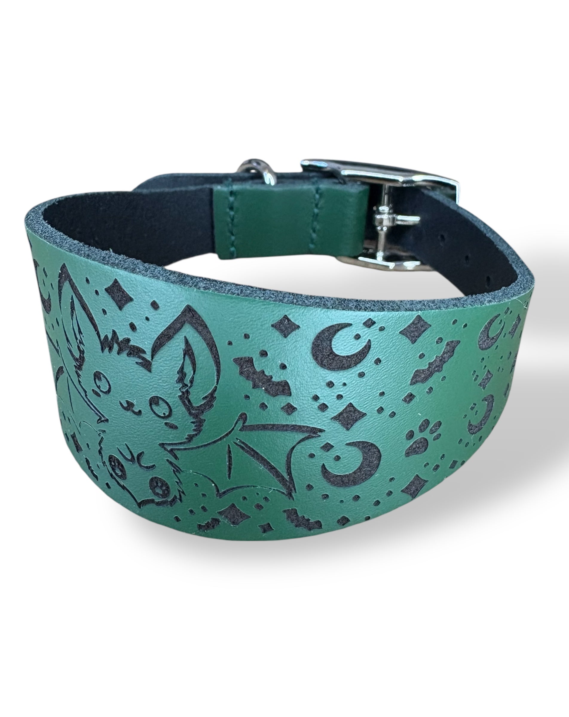 Teal leather collar with black cat design on a white background