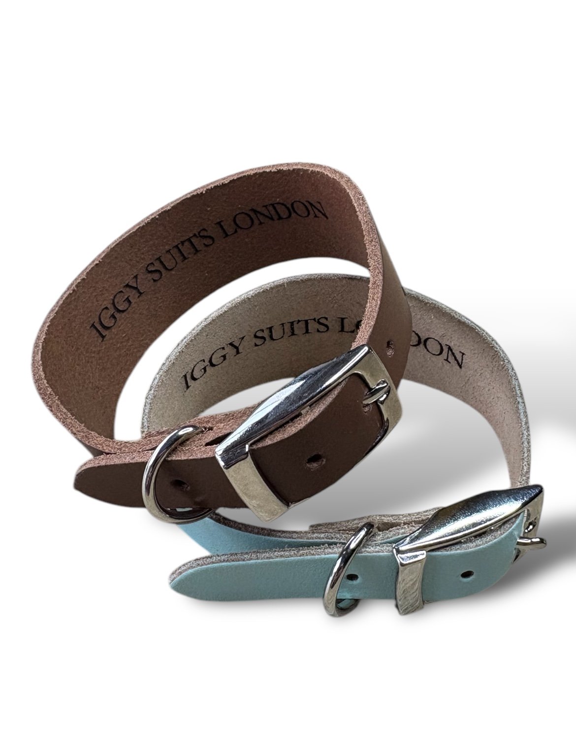 Two leather dog collars with silver buckles, one brown and one light blue, on a white background. Brand 'Iggy Suits London' visible.