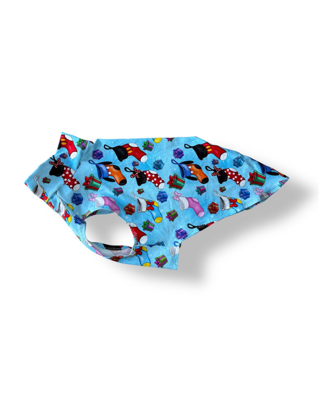 Blue dog bandana with colorful dog pattern on a white background