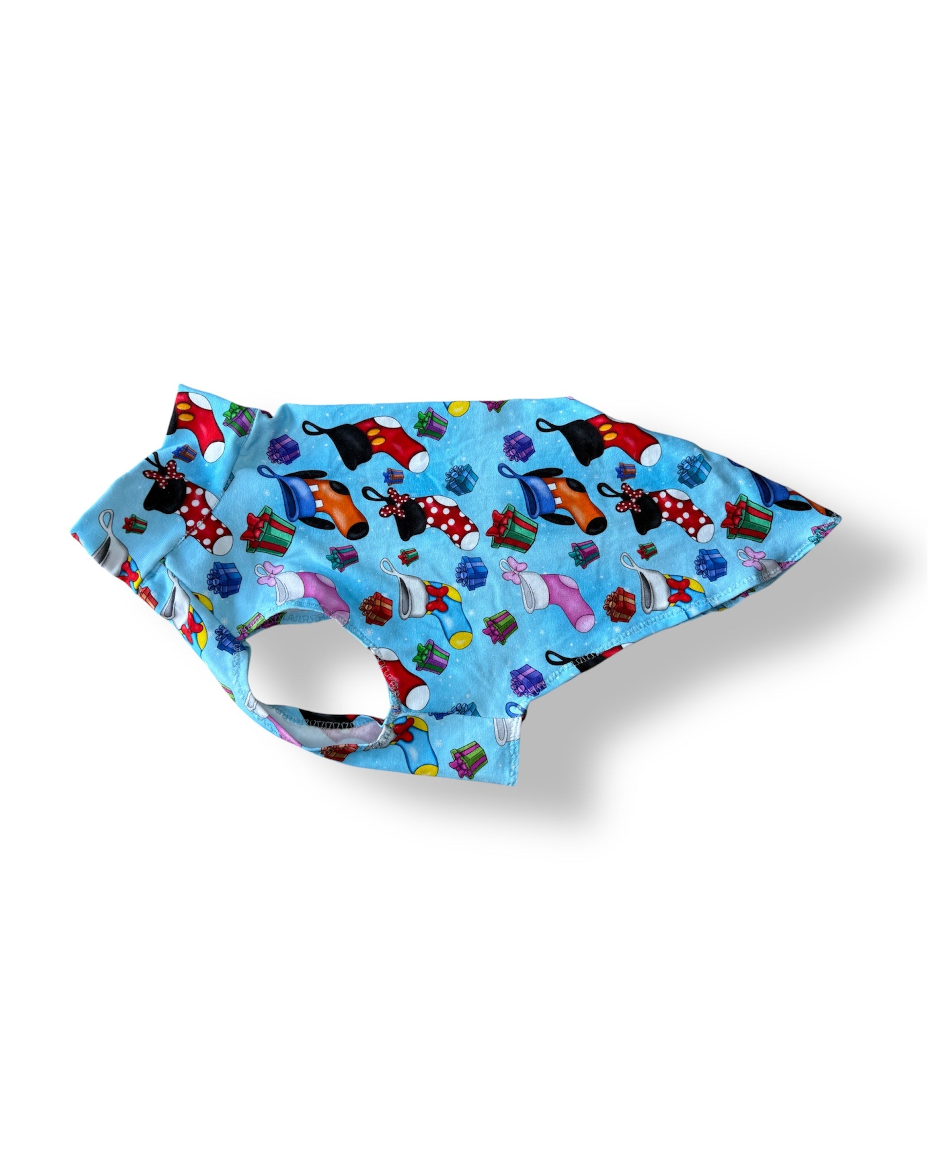 Blue dog bandana with colorful dog pattern on a white background