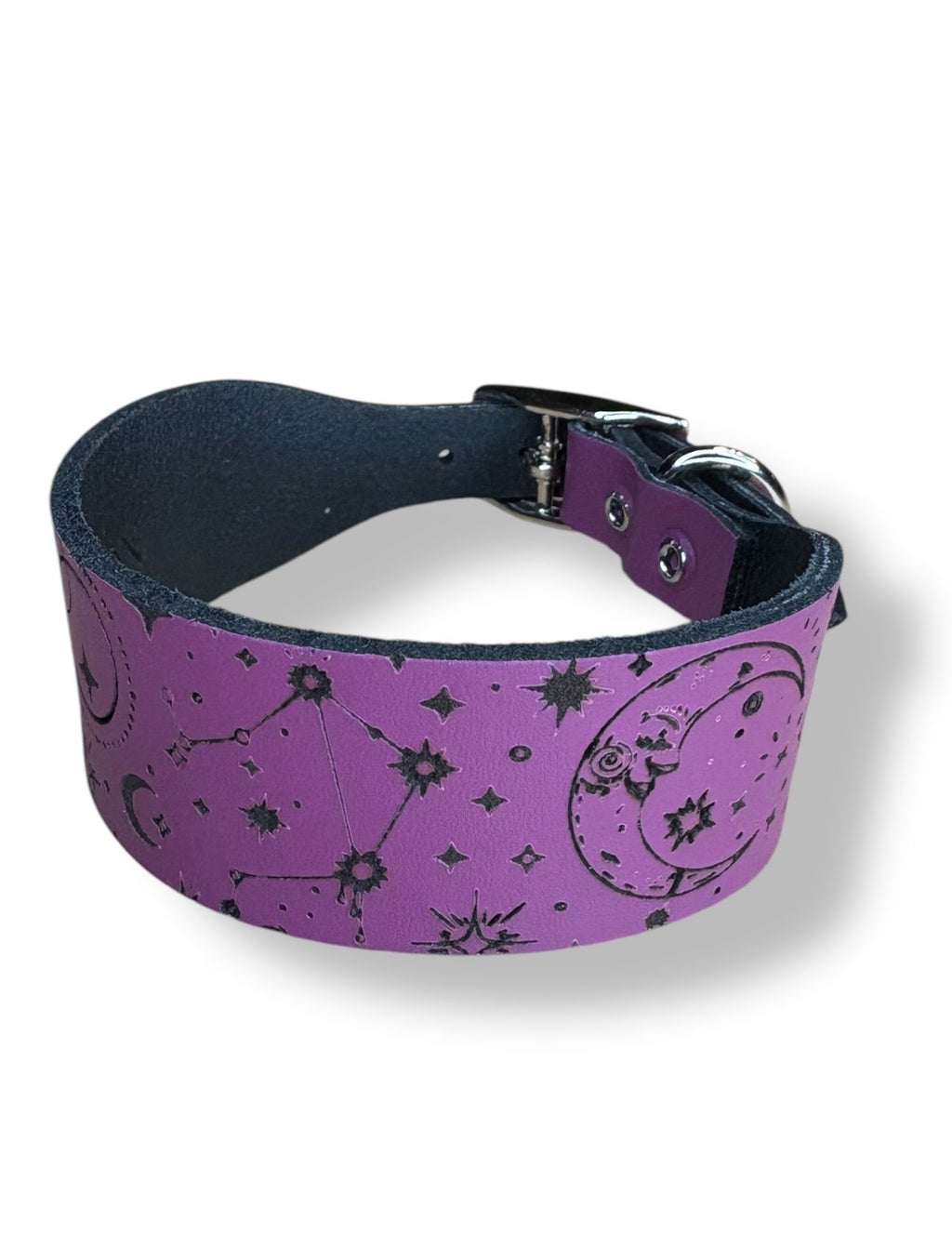 Purple dog collar with celestial pattern on a white background