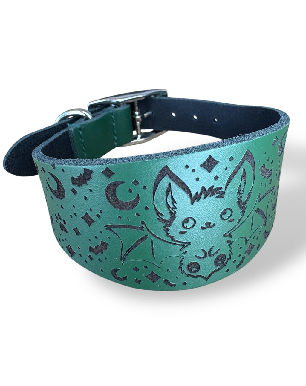 Teal leather collar with fox design on a white background