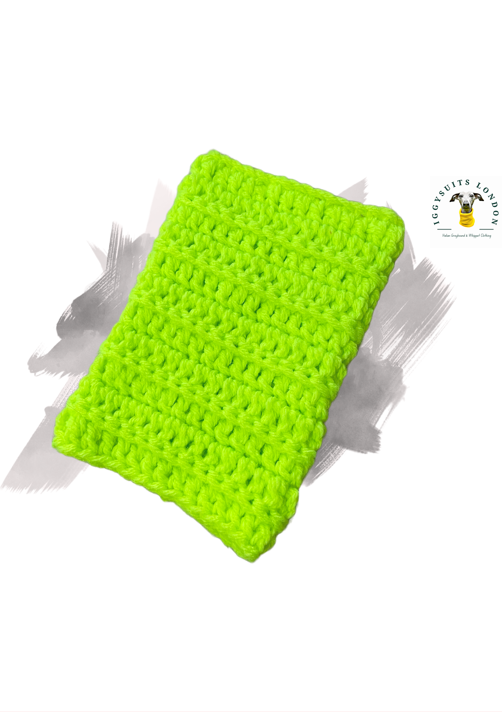 Green crocheted scrubbie on a white background