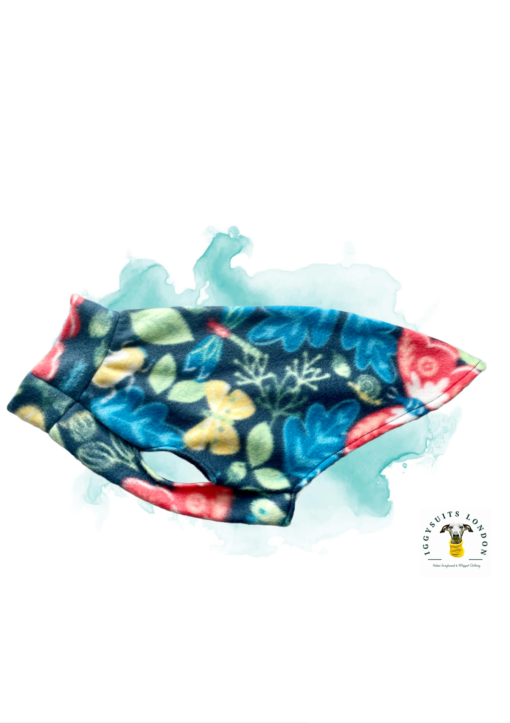 Colorful fish-shaped fabric on a white background with a brand logo in the corner.