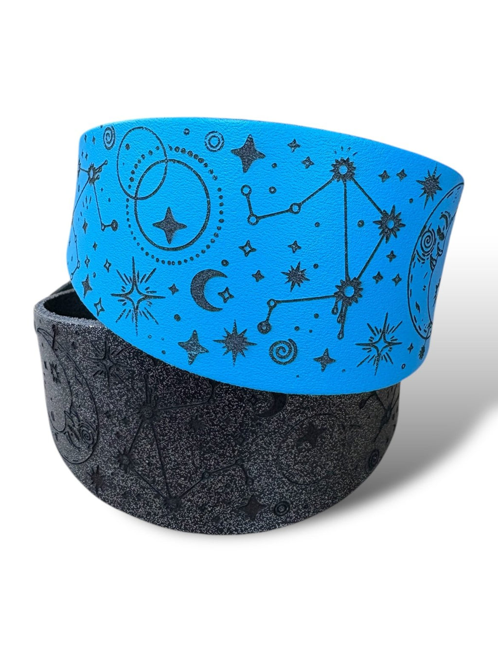 Blue headband with star and constellation patterns on a white background