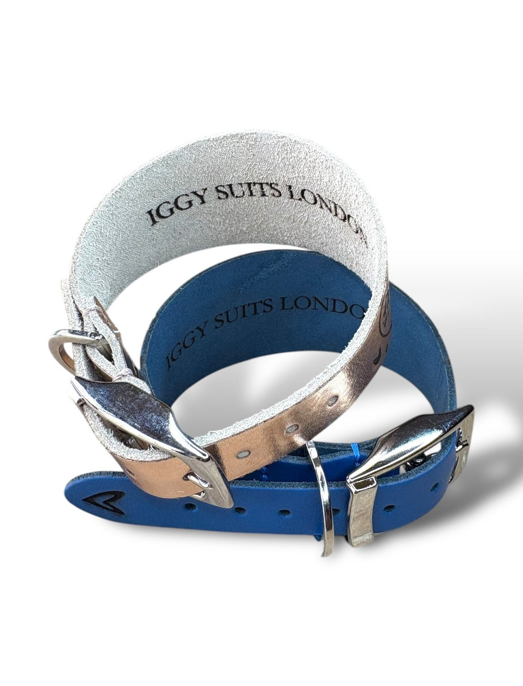 Blue leather belt with silver hardware on a white background, featuring 'Iggy Suits London' branding.