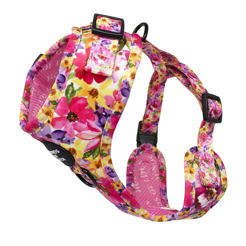 Florentina floral dog harness in vibrant pink, yellow, purple patterns