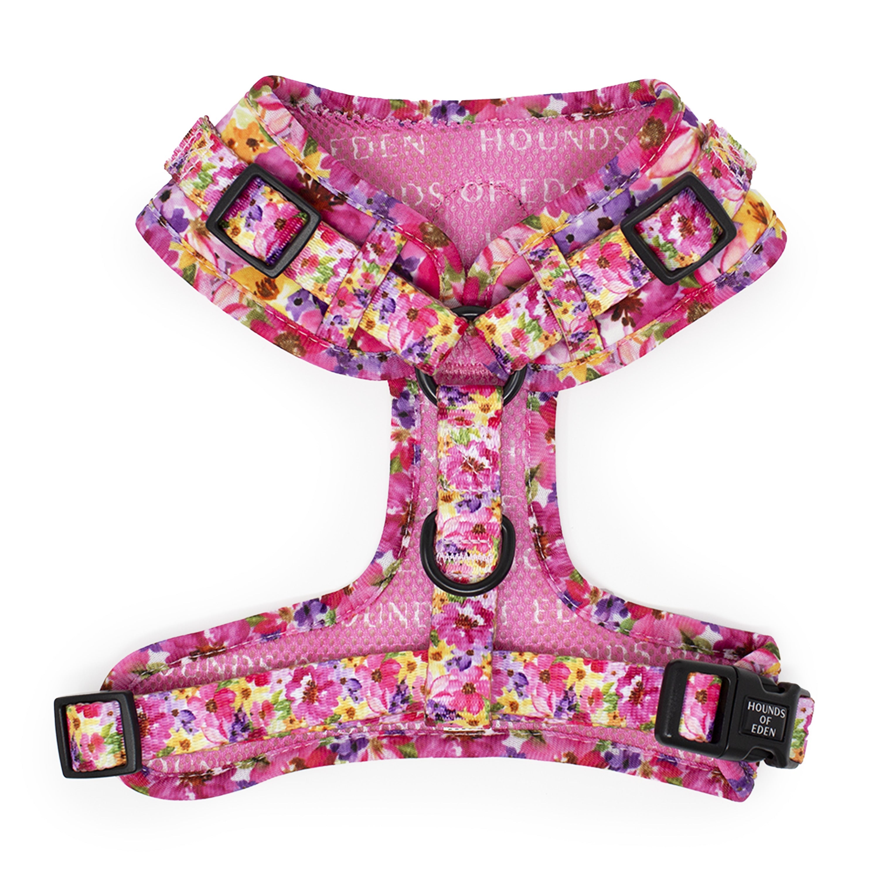 Florentina Floral Dog Harness in vibrant pink with Hounds of Eden branding