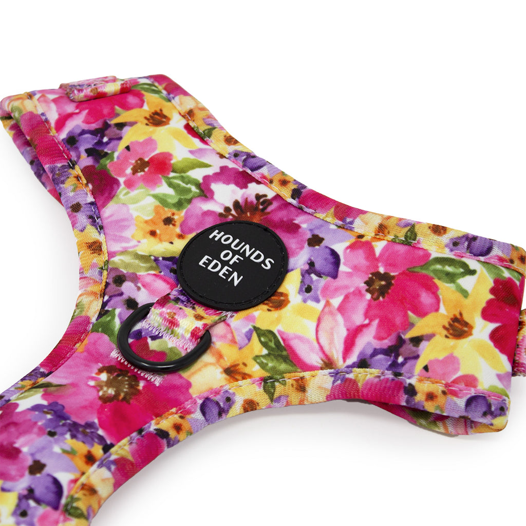 Florentina floral dog harness in pink purple yellow with Hounds of Eden patch
