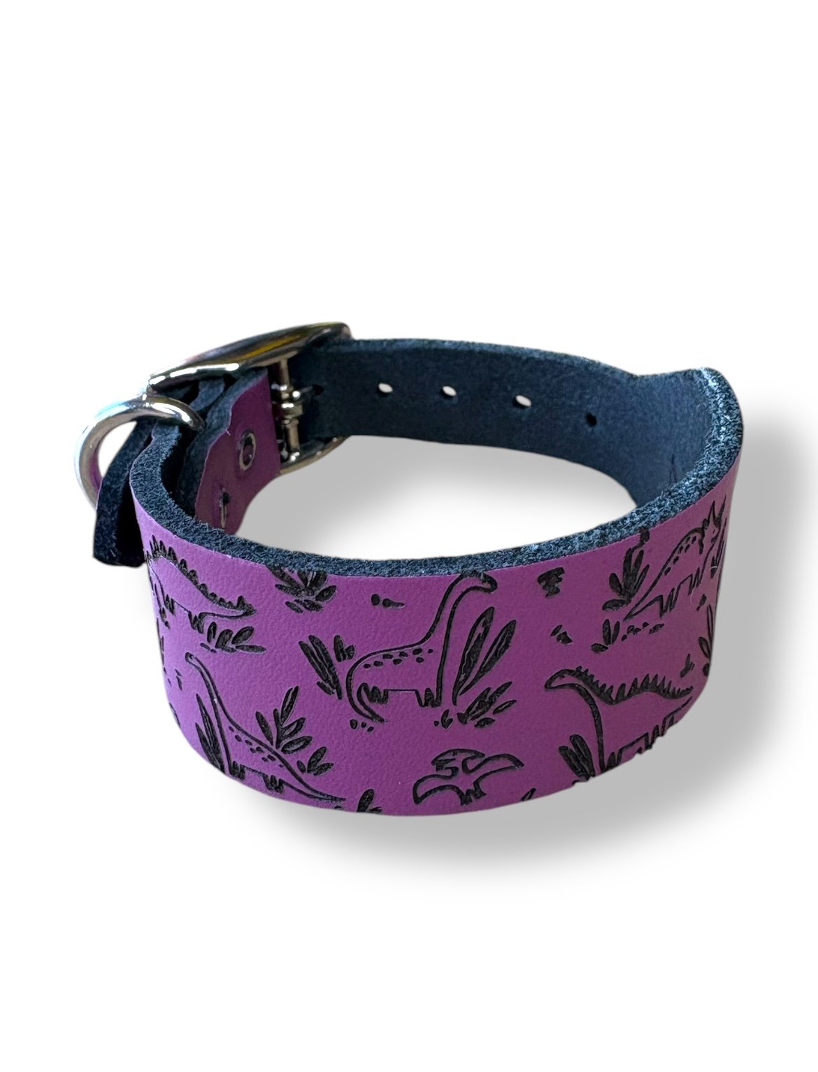Purple dog collar with dinosaur pattern on a white background