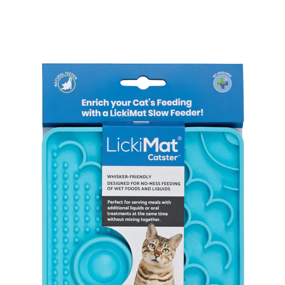 LickiMat Catster blue slow feeder with packaging on a white background