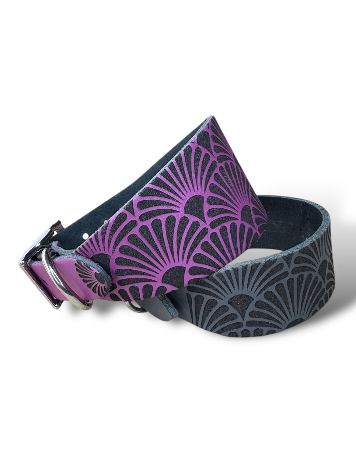 Dog collar with purple and black geometric pattern on a white background