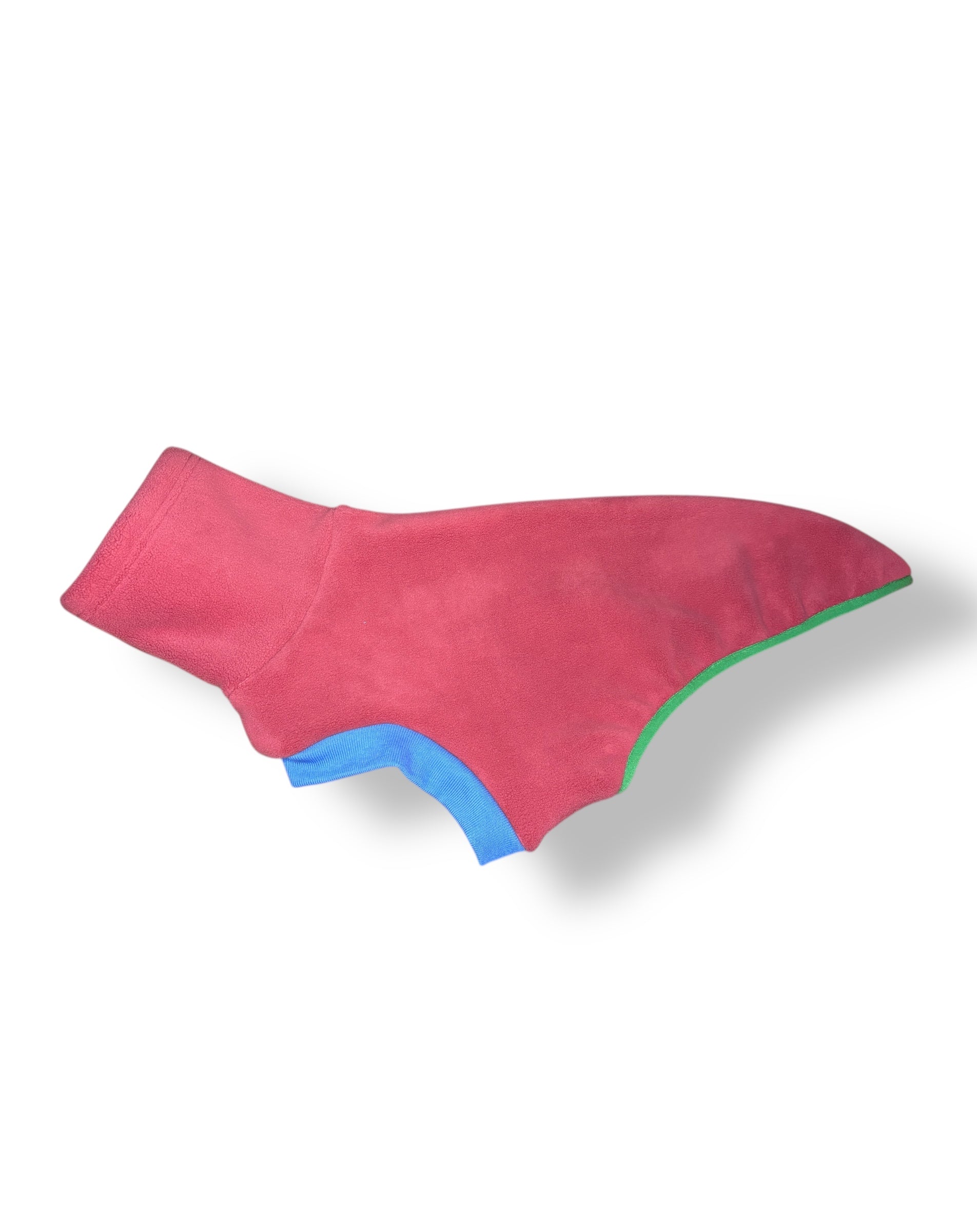 Pink dog coat with blue trim on a white background
