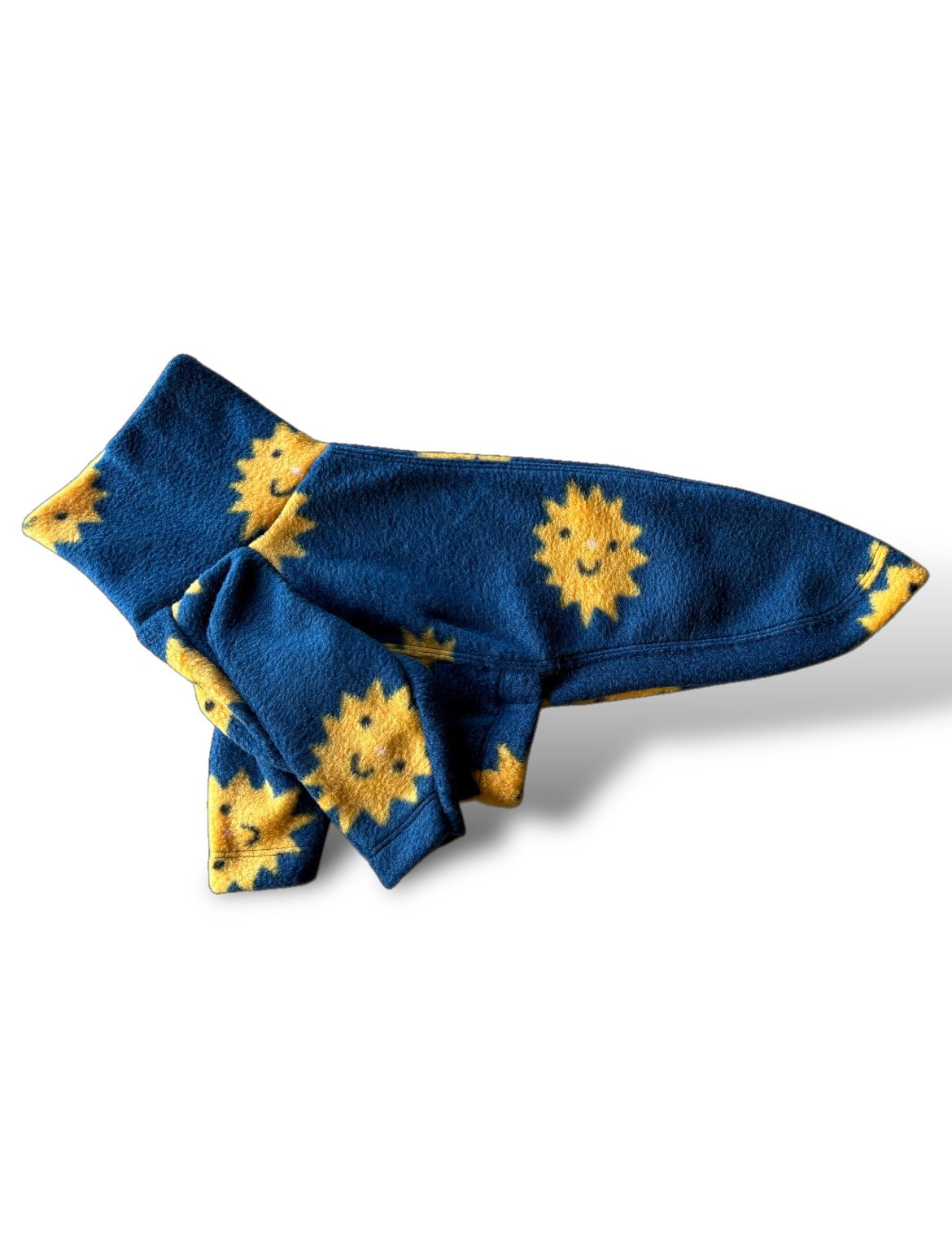 Blue bandana with yellow sun patterns on a white background