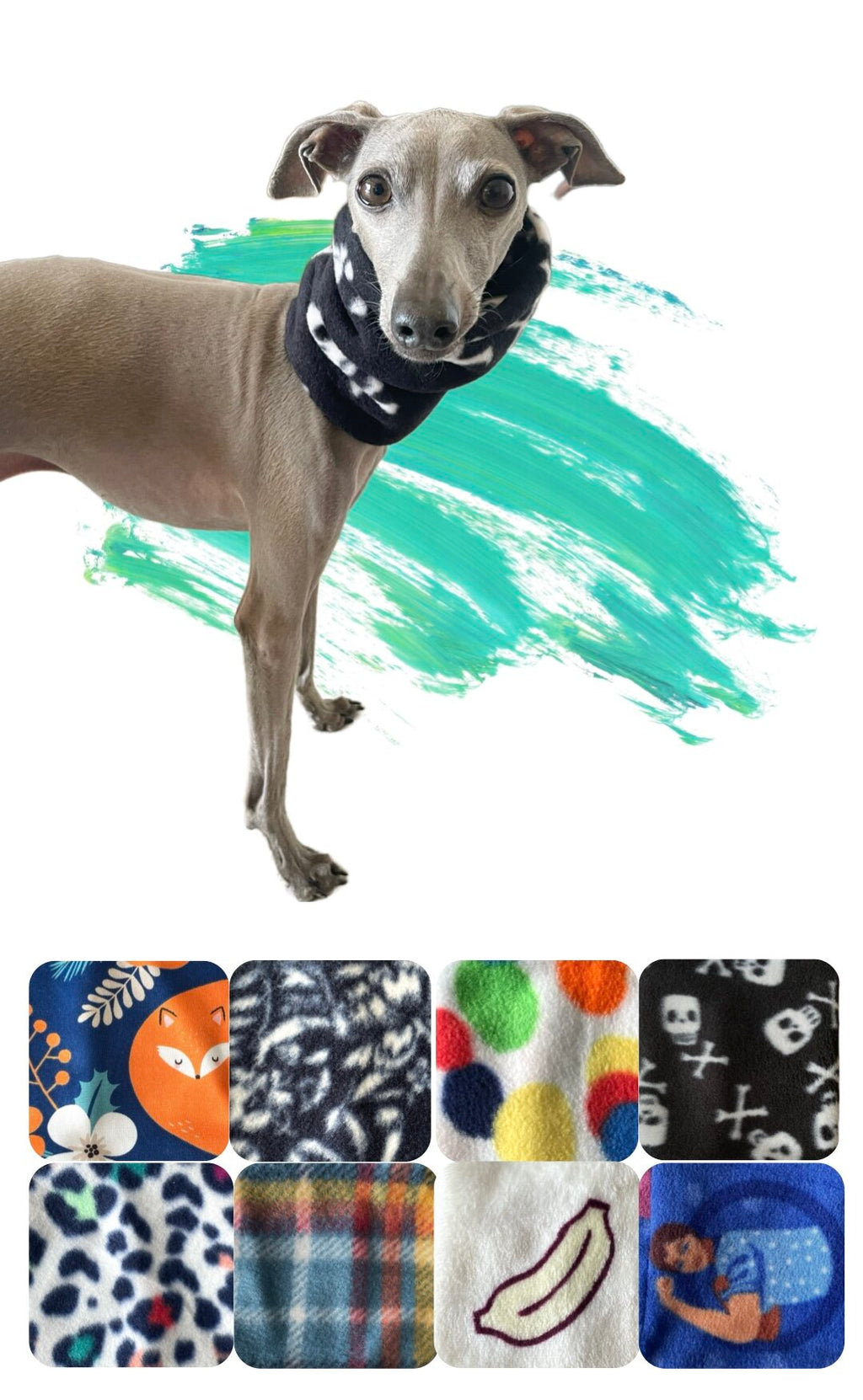 Dog wearing a bandana with a colorful abstract design in the background