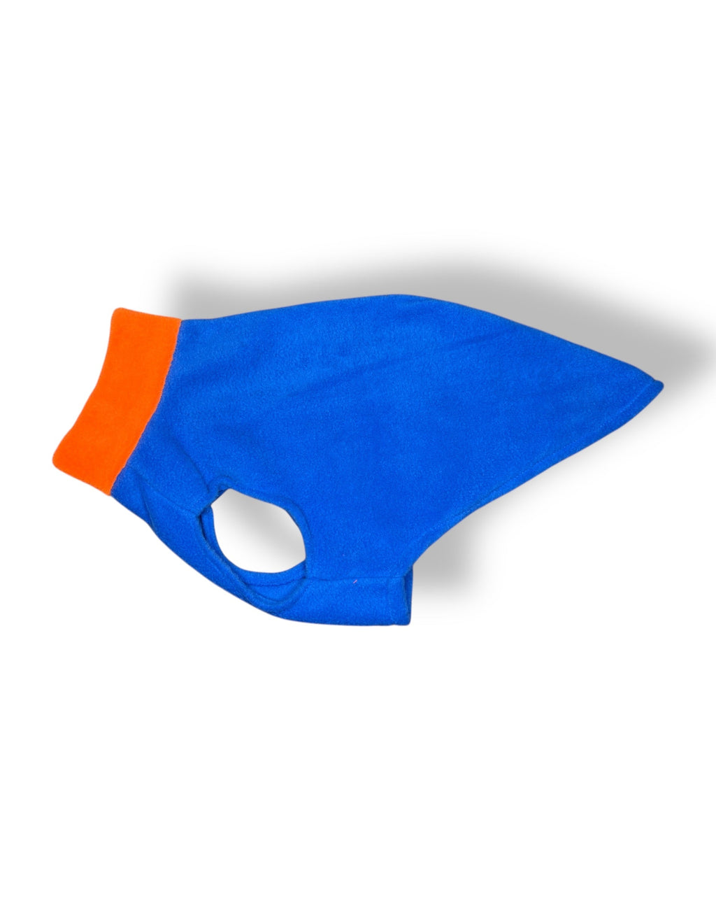 Blue dog cape with orange end on a white background