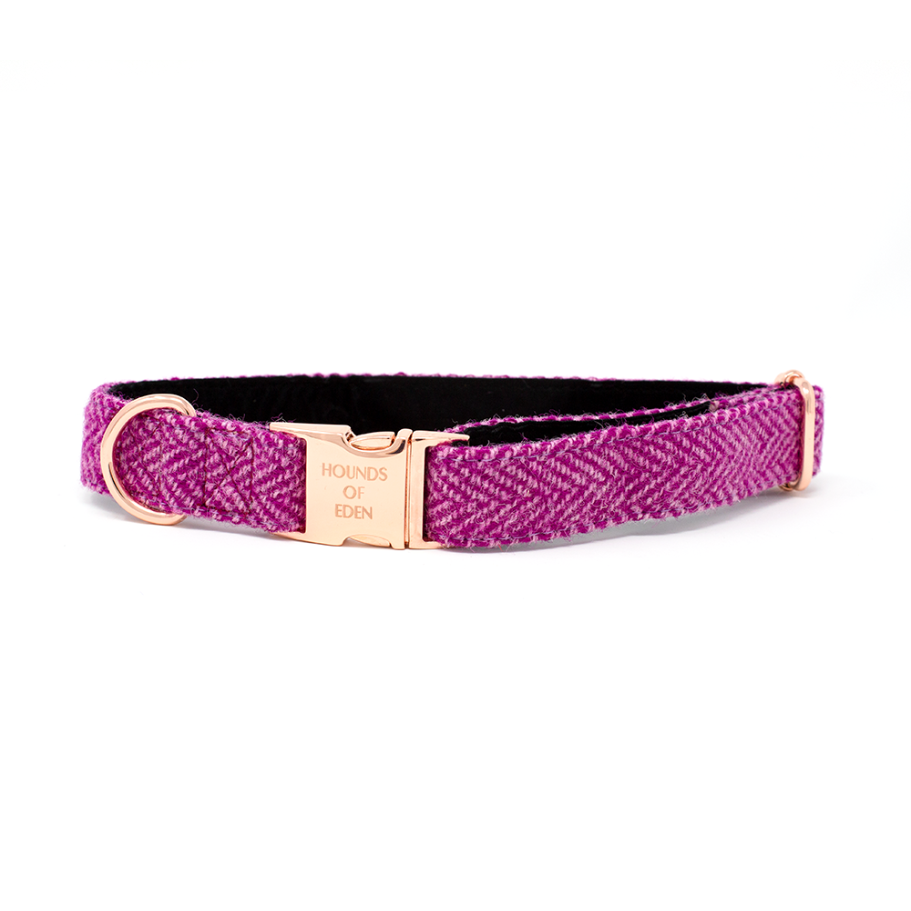 Bella pink herringbone dog harness with rose gold buckle and Hounds of Eden engraving