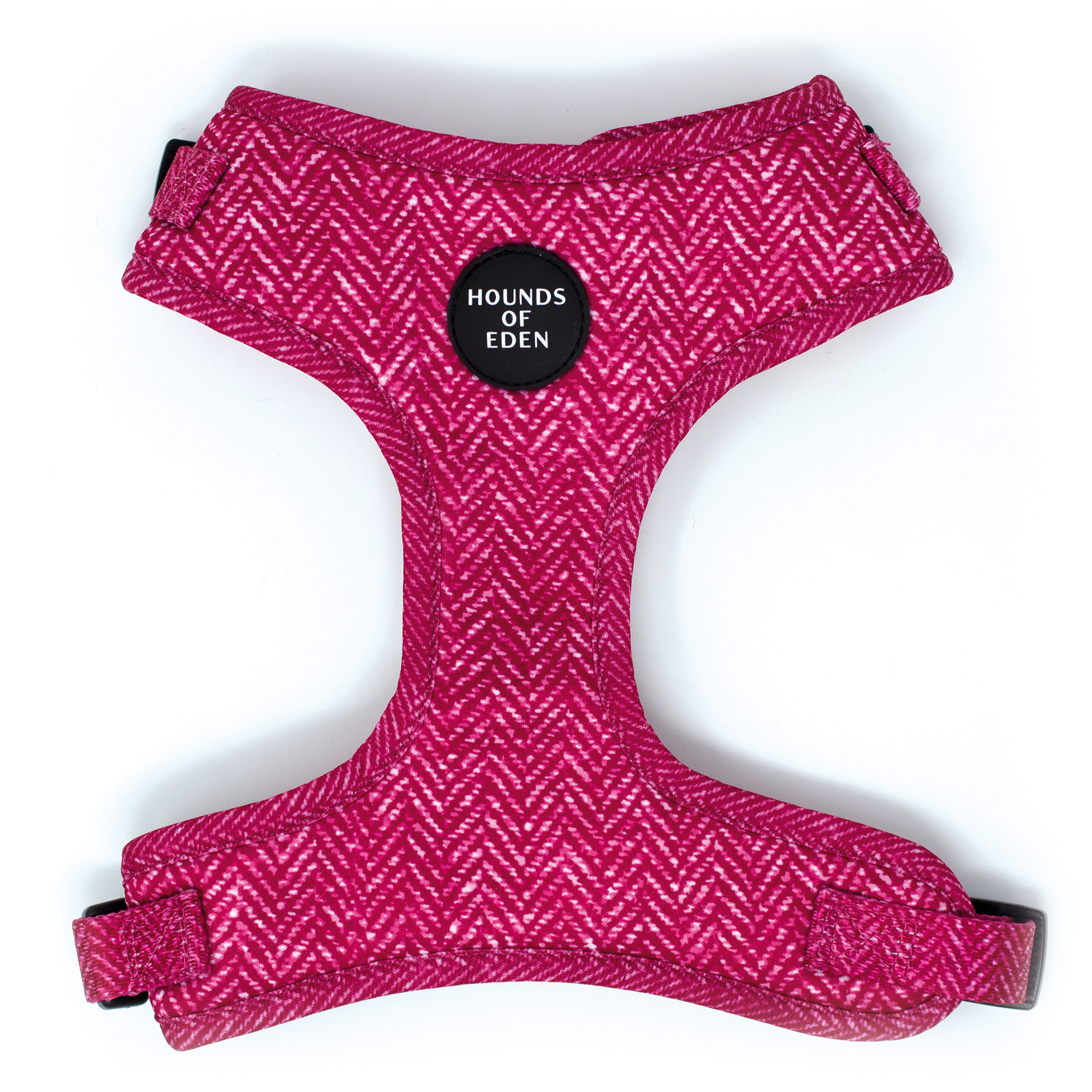 Vibrant pink herringbone Bella dog harness with Hounds of Eden logo