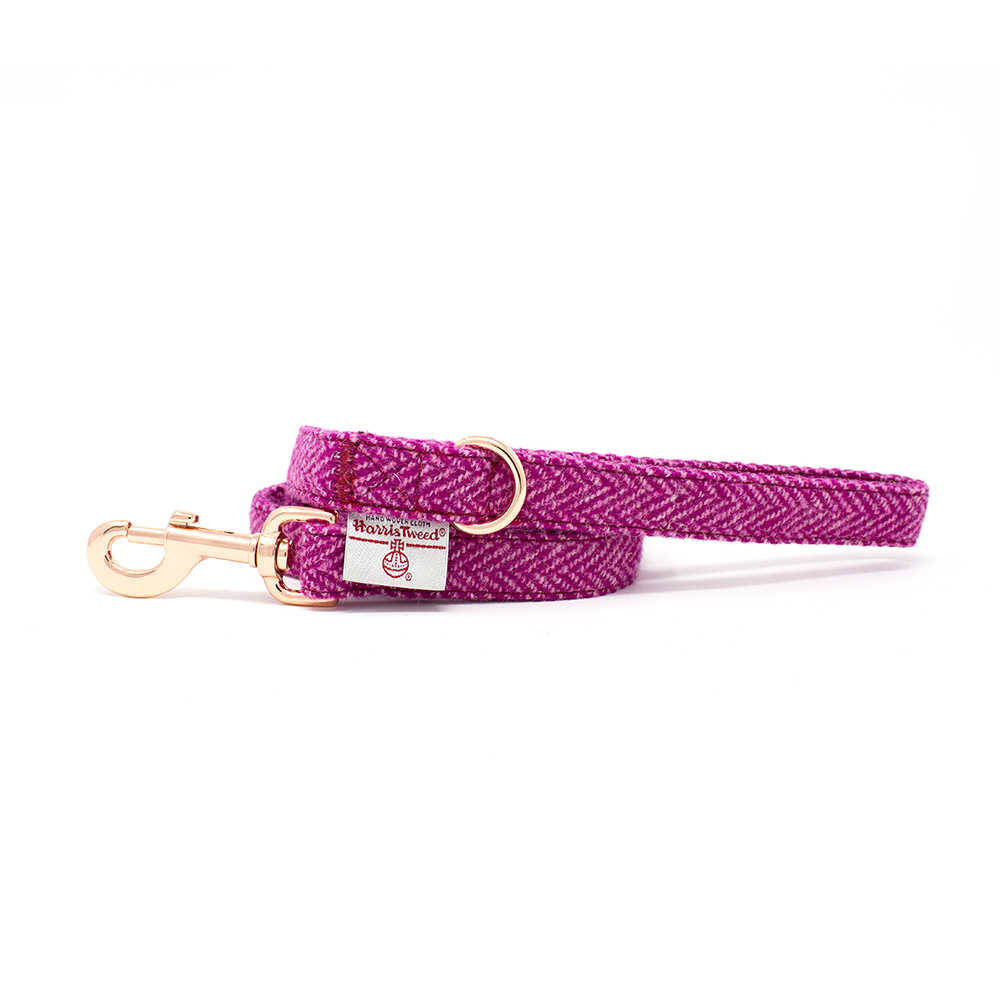 Bella pink herringbone harris tweed dog leash with gold hardware