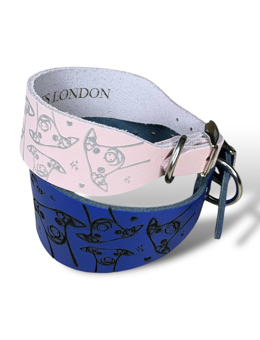 Dog collar with blue and pink pattern on a white background