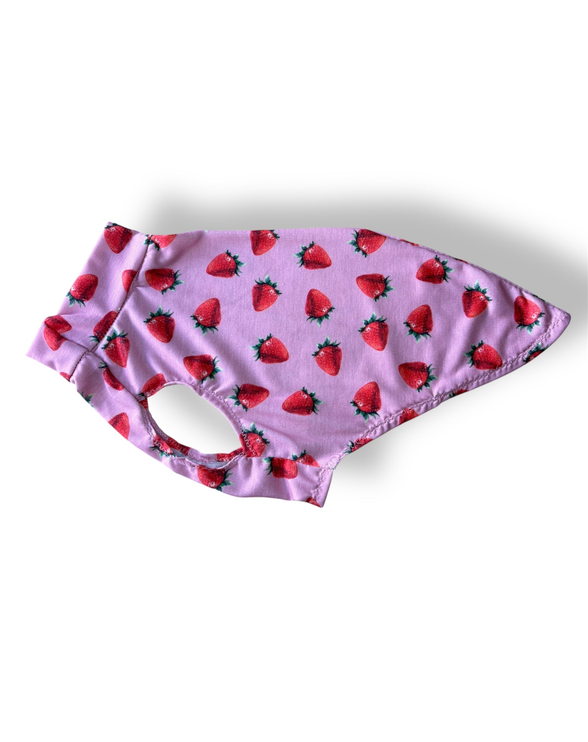 Pink swim bottoms with strawberry pattern on a white background