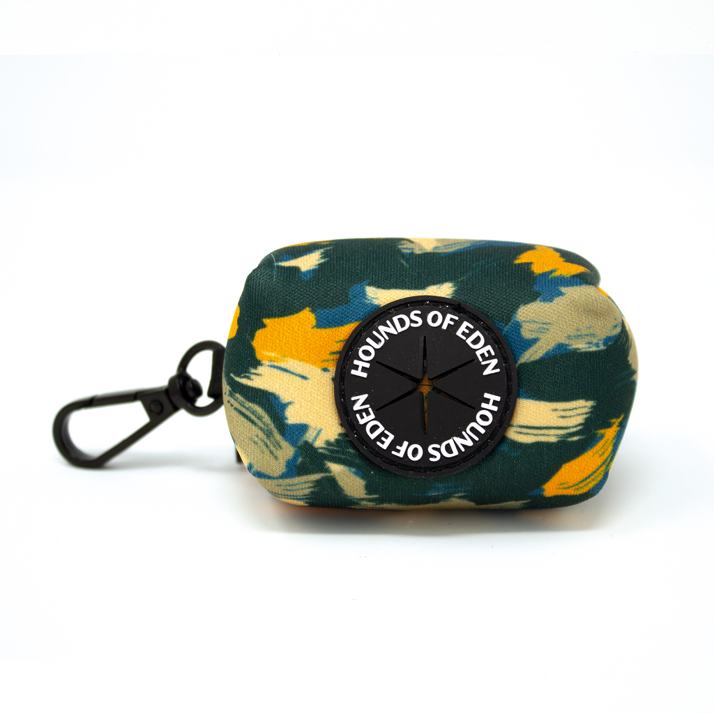 Olive, blue & orange camo pattern poop bag holder with carabiner clip