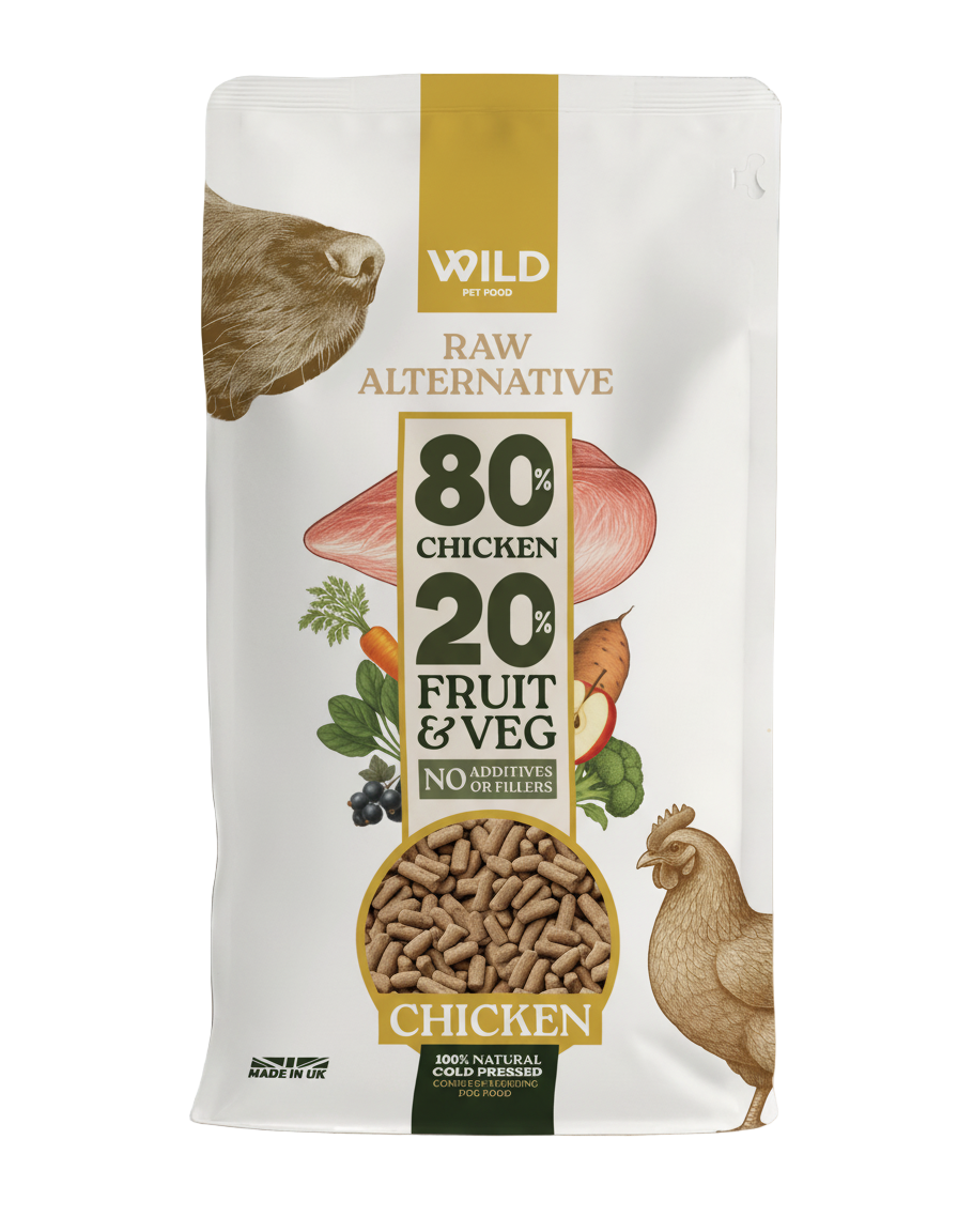 Bag of Wild Pet Food with chicken, fruit, and vegetable graphics on a white background