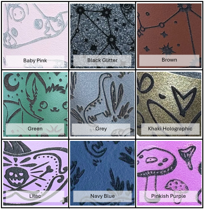 Collage of various textured fabric swatches with labels for color and pattern.