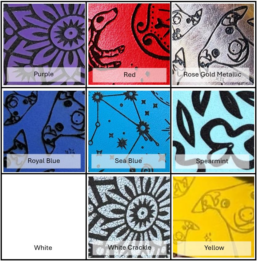 Grid of colorful patterned tiles with labels for color and texture.