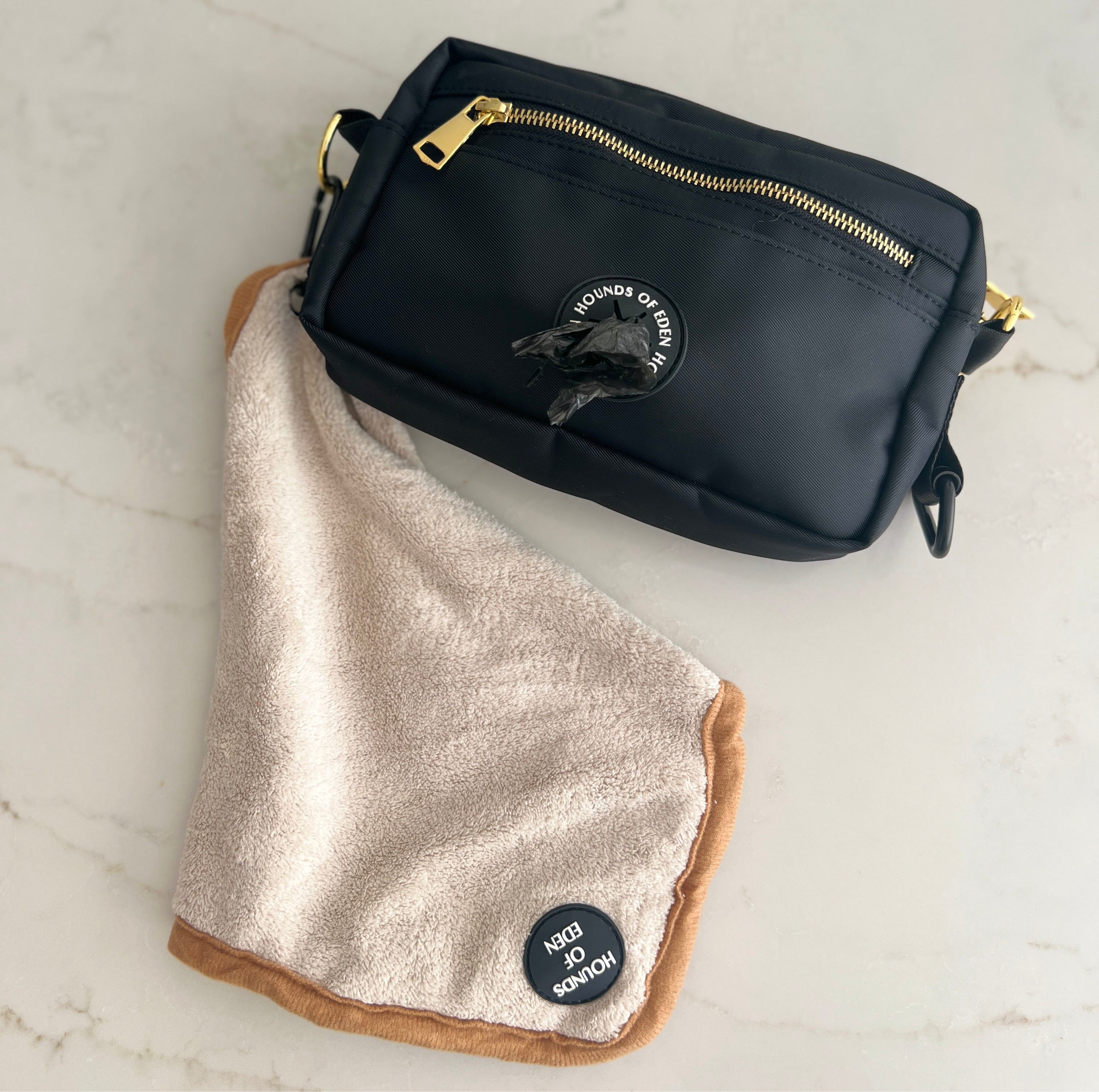 Mini Dog Towel + Clip, Teal & Brown