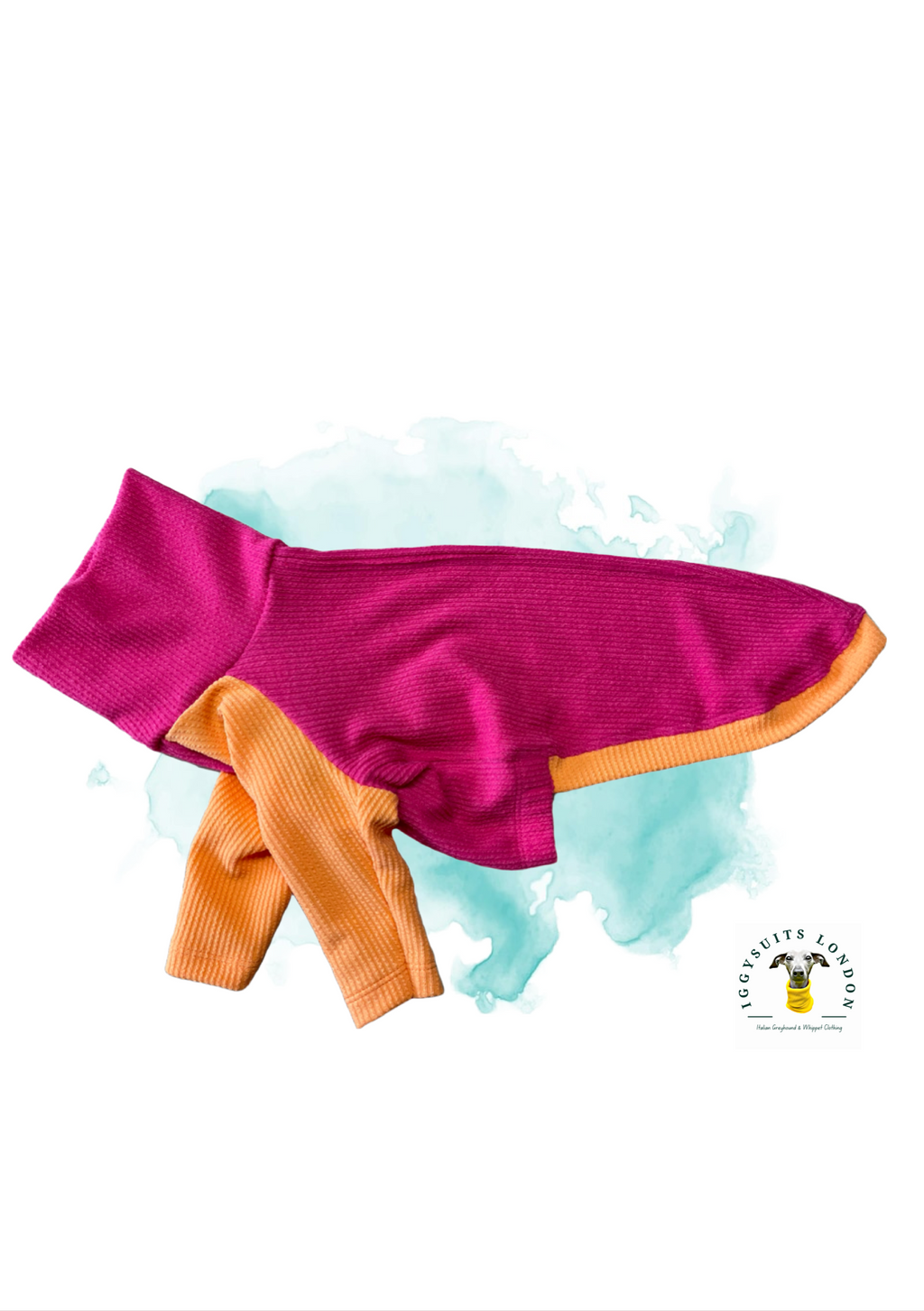 Pink and orange dog coat on a white background with a brand logo.