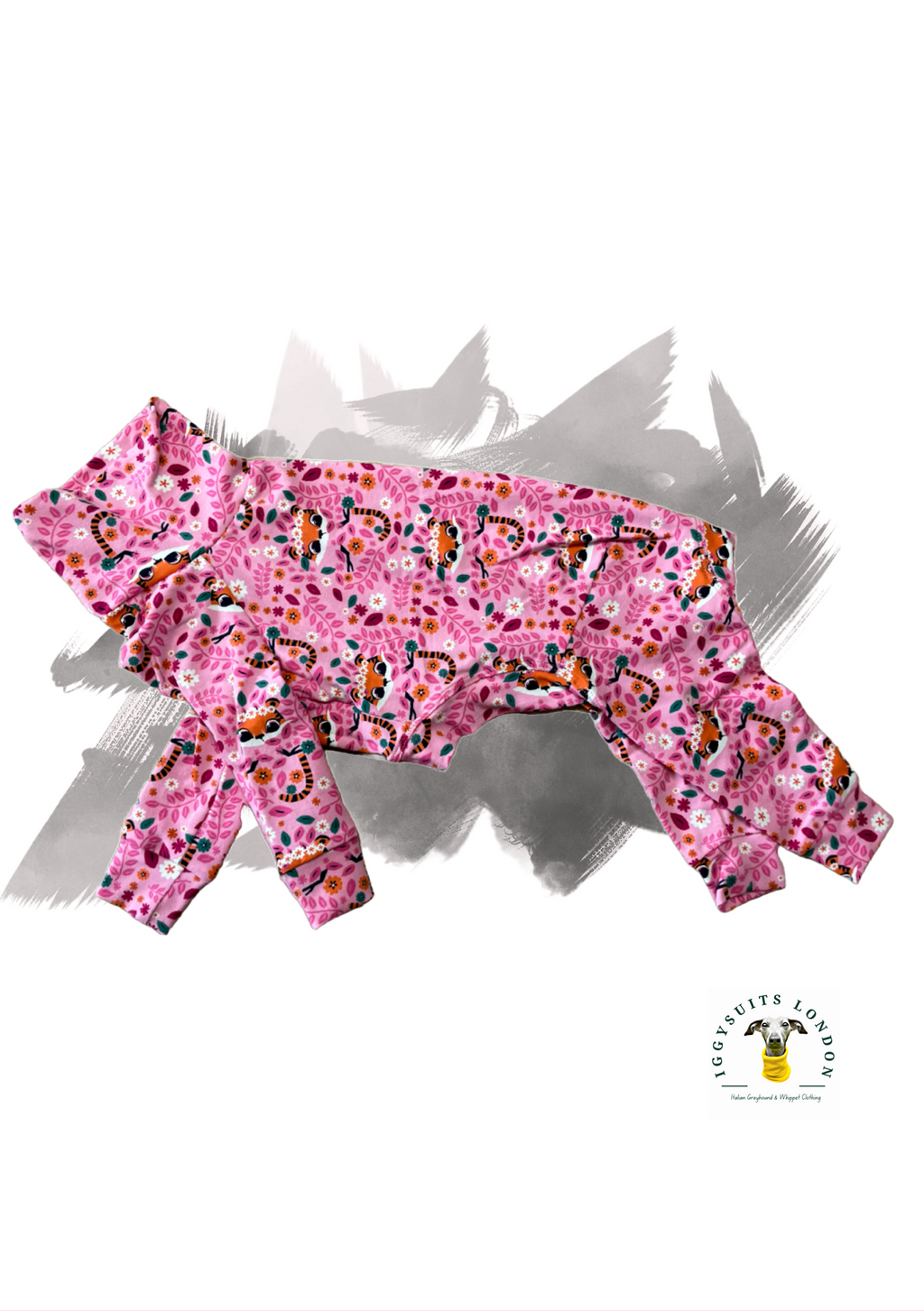 Pink children's outfit with colorful pattern on a white background
