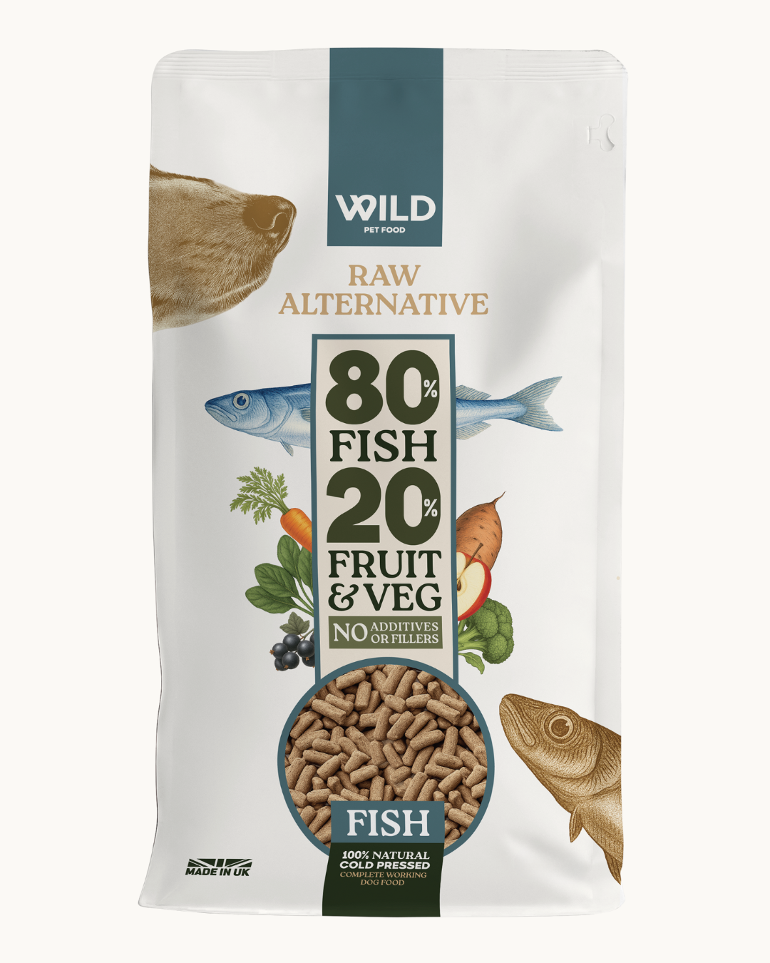 Bag of Wild Pet Food with fish, fruit, and vegetable graphics on a white background