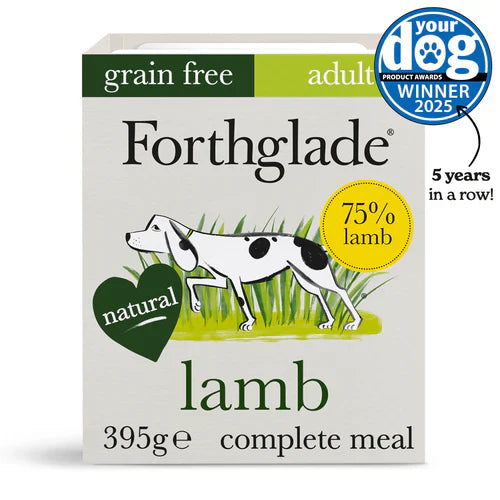 Forthglade dog food package with a dog illustration and '75% lamb' label on a white background.