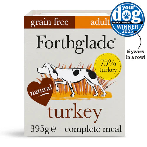 Forthglade dog food package with a turkey flavor label on a white background
