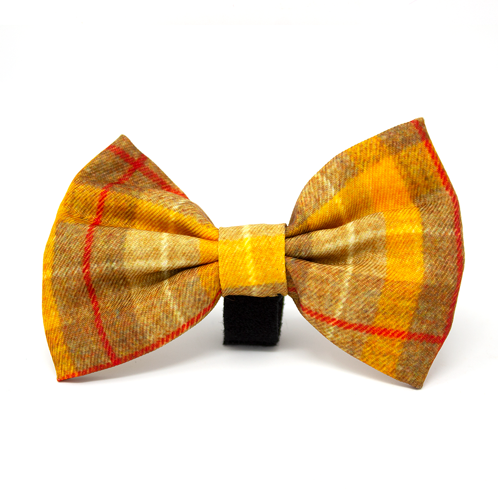 Vibrant yellow and orange Honey Tweed Effect plaid bow tie with black strap