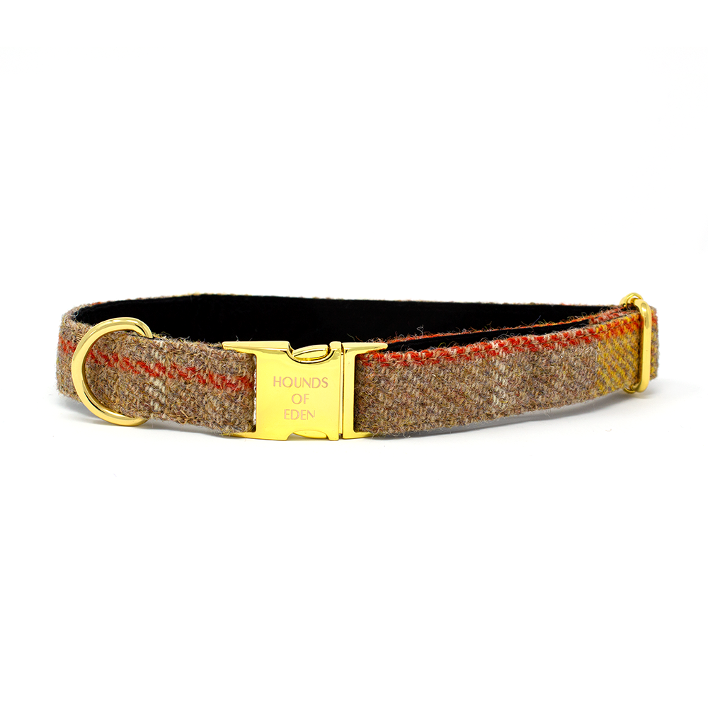 Brown red herringbone dog collar with gold hardware, Honey yellow check harness