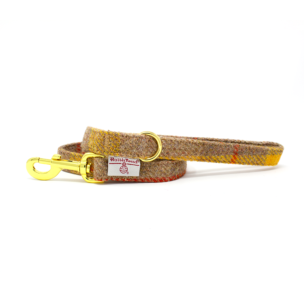 Honey Yellow Check Dog Harness with Tan Plaid Tweed Leash