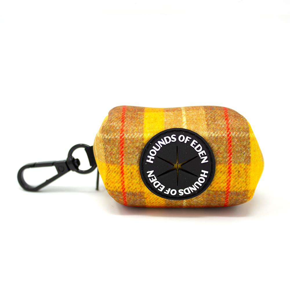 Honey Check Tweed yellow orange plaid dog waste bag holder with black carabiner