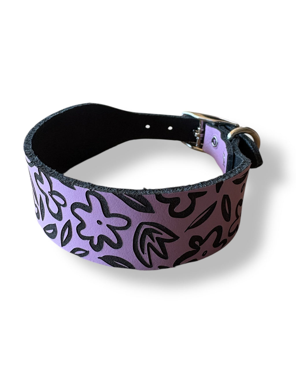 Dog collar with purple and black abstract pattern on a white background