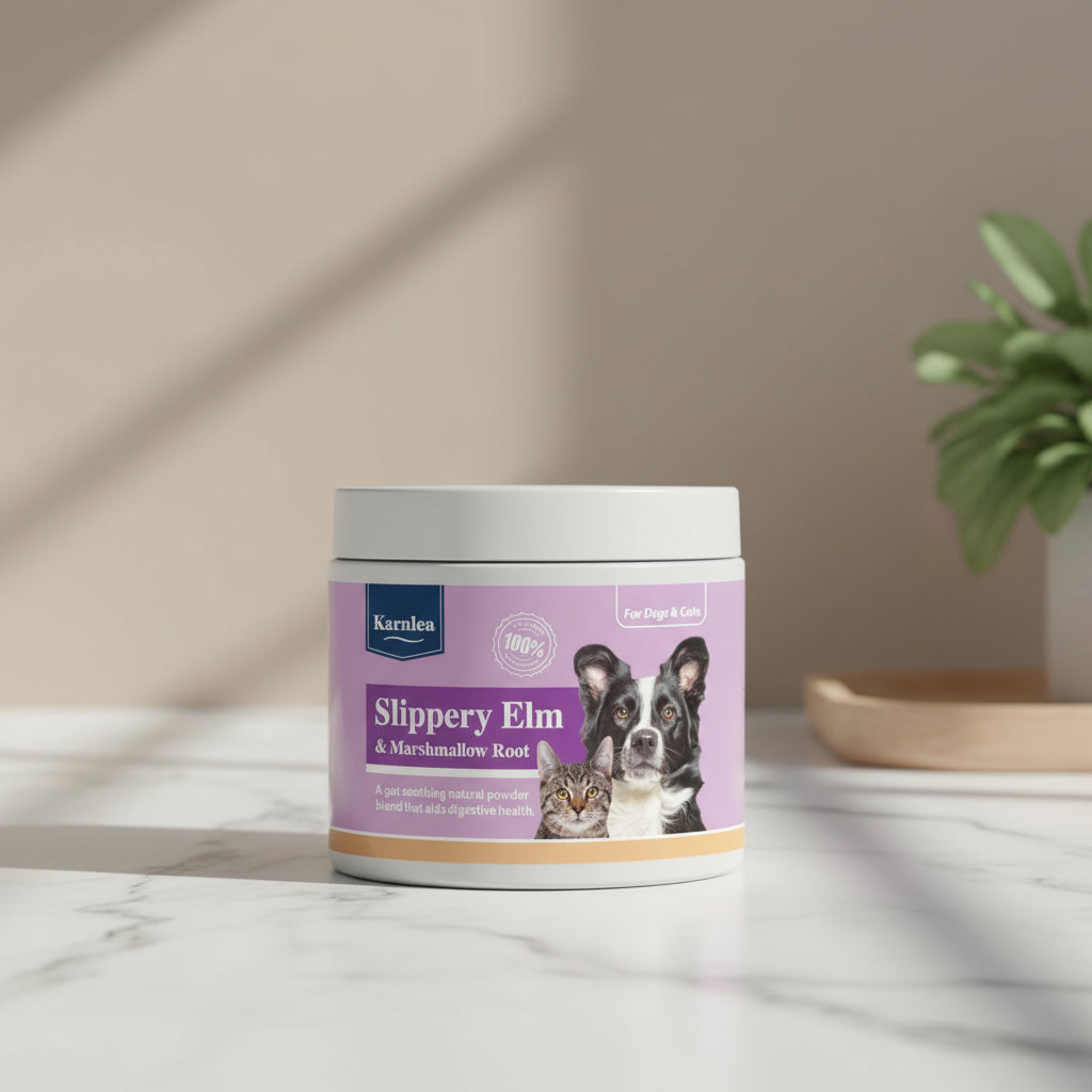 Karnelu Slippery Elm & Marshmallow Root product container on a marble surface with a plant in the background