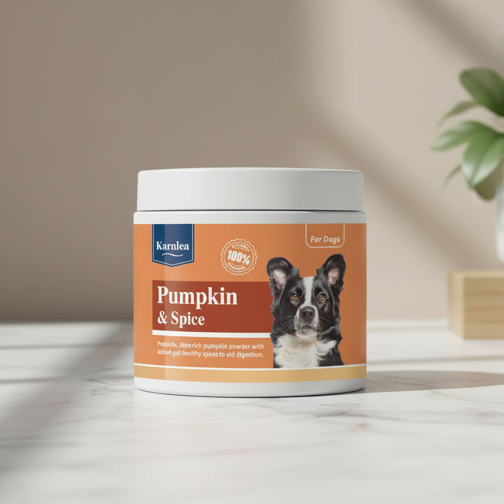 Karnlea Pumpkin & Spice dog product container on a light surface with a blurred background