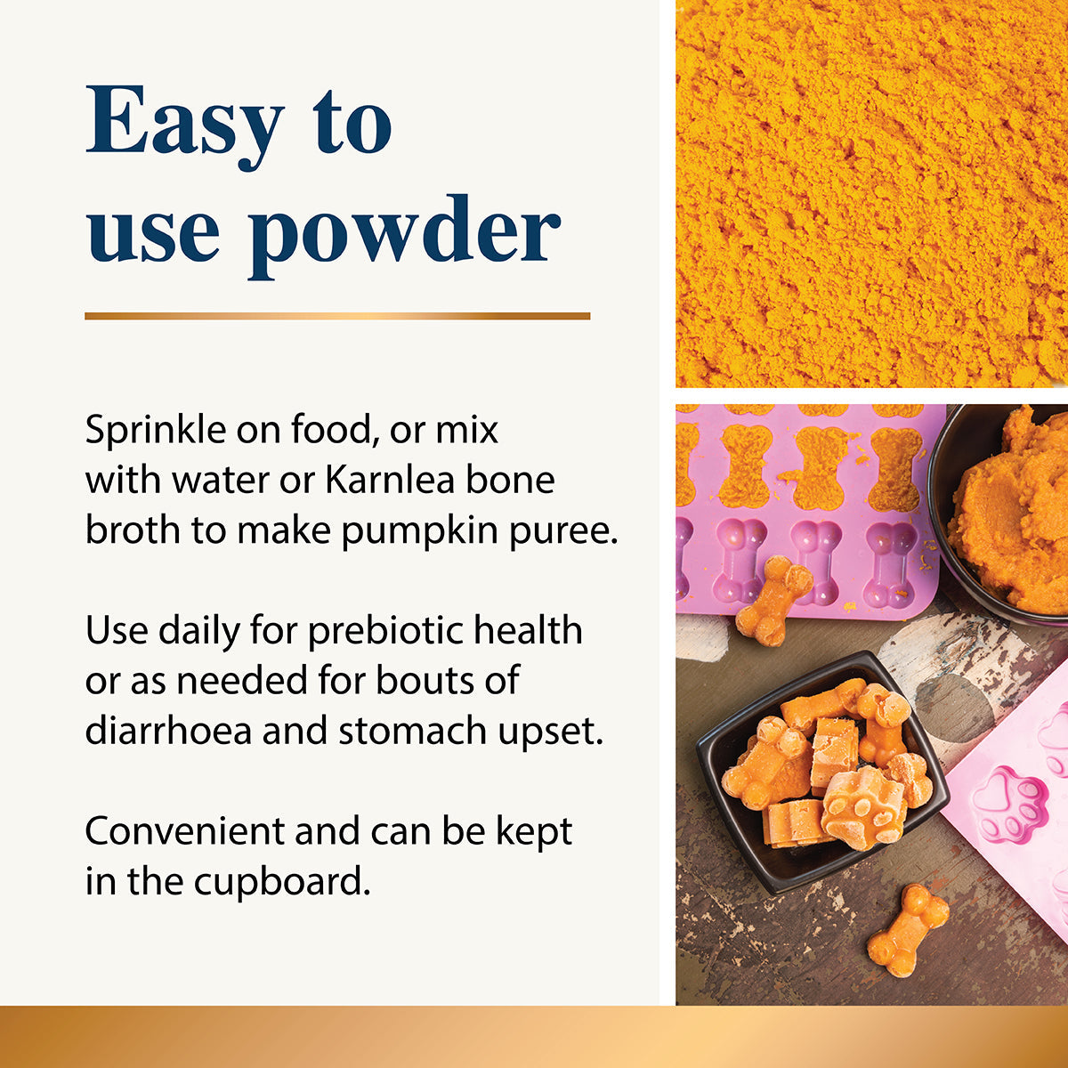 Orange powder with text on its use and benefits, including food sprinkling and puree making.