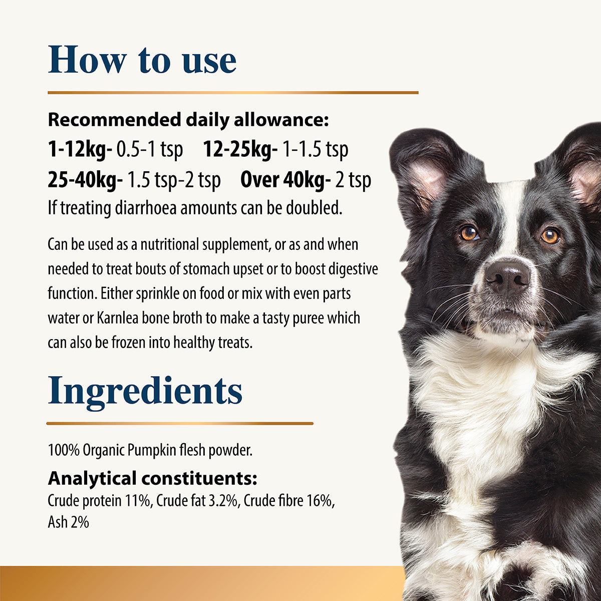 Dog product label with usage instructions and ingredients on a white background