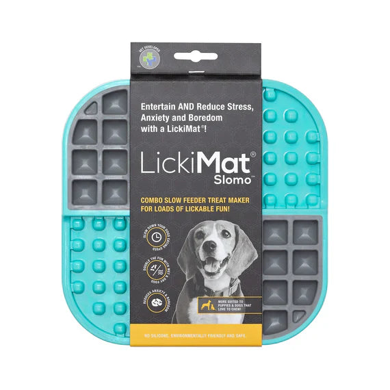 LickiMat Slomo dog toy with packaging on a white background