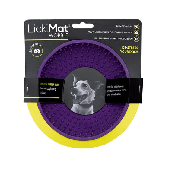 LickiMat Wobble dog toy with purple and yellow design on packaging